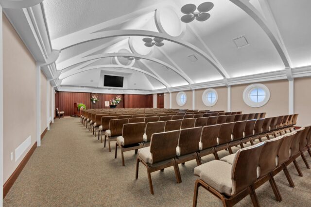 Modern chapel seating at Downing and Lahey West Wichita funeral home
