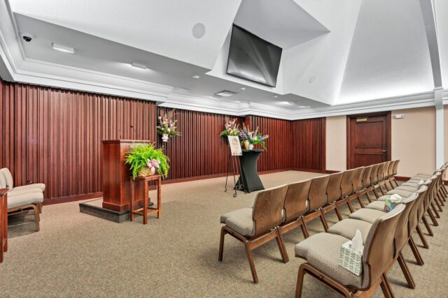 Modern chapel seating at Downing and Lahey West Wichita funeral home