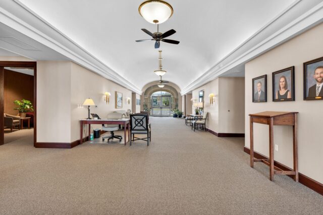 Modern chapel seating at Downing and Lahey West Wichita funeral home