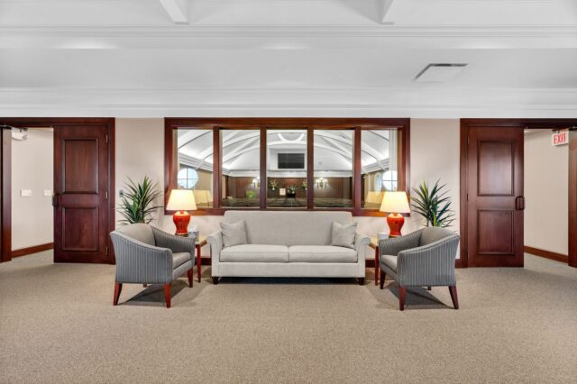 Modern chapel seating at Downing and Lahey West Wichita funeral home